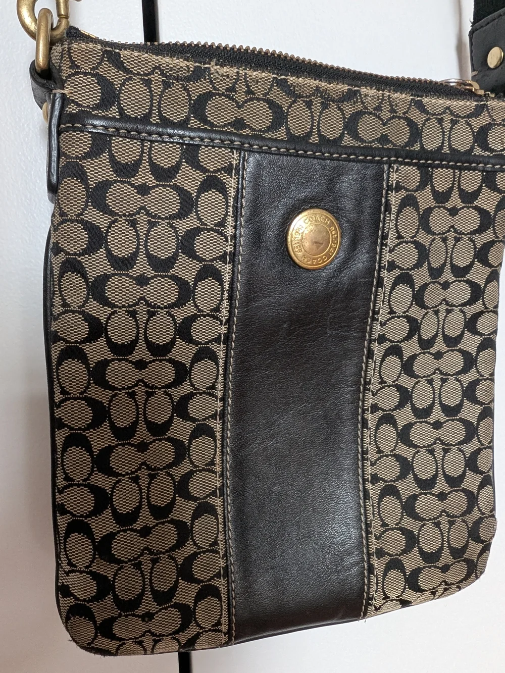 Coach Signature Monogram Crossbody Bag in Canvas and Black Leather Adjustable